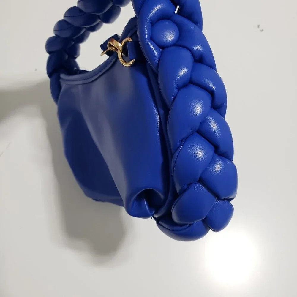 New Braided Handle Vegan Leather Hobo‎ Bag in Blue